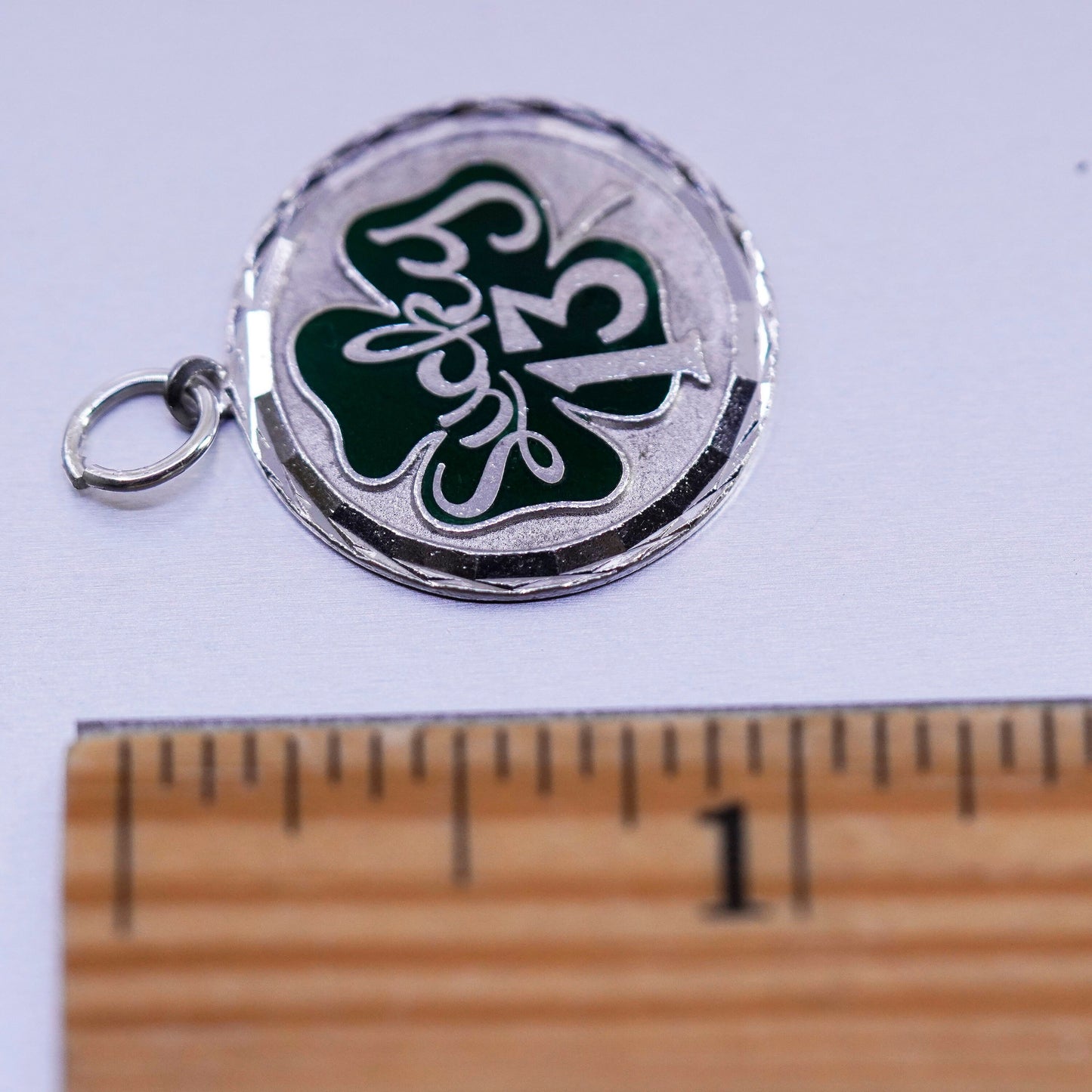 Vintage Sterling 925 silver green enamel lucky four leaves clover charm pendant