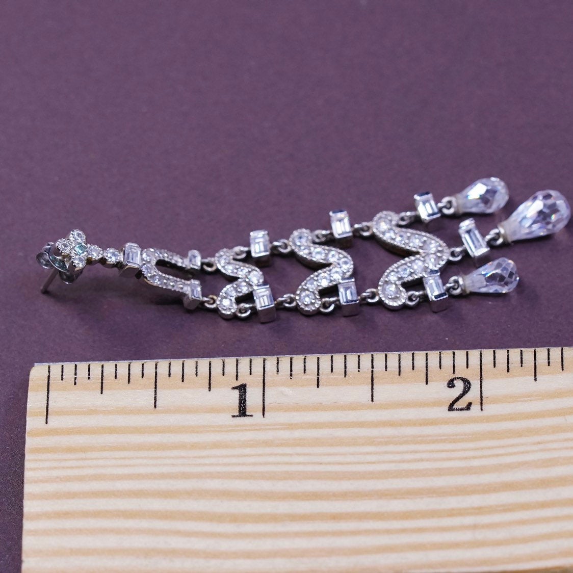 vtg CC Sterling silver handmade earrings, 925 w/ teardrop Swarovski crystal