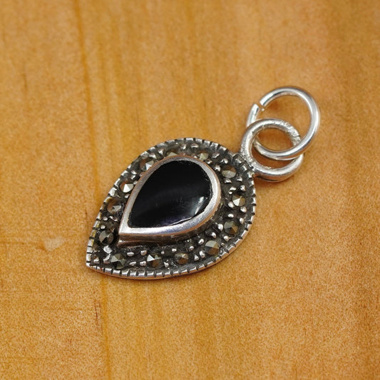 Vintage Sterling 925 silver handmade charm pendant teardrop obsidian marcasite