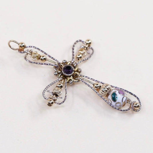 sterling silver handmade pendant, wired 925 cross w/ amethyst N 14K gold bead