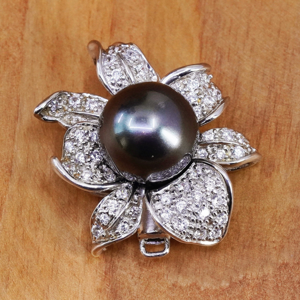 Vintage M&N Sterling silver handmade pendant, 925 flower black pearl cluster cz