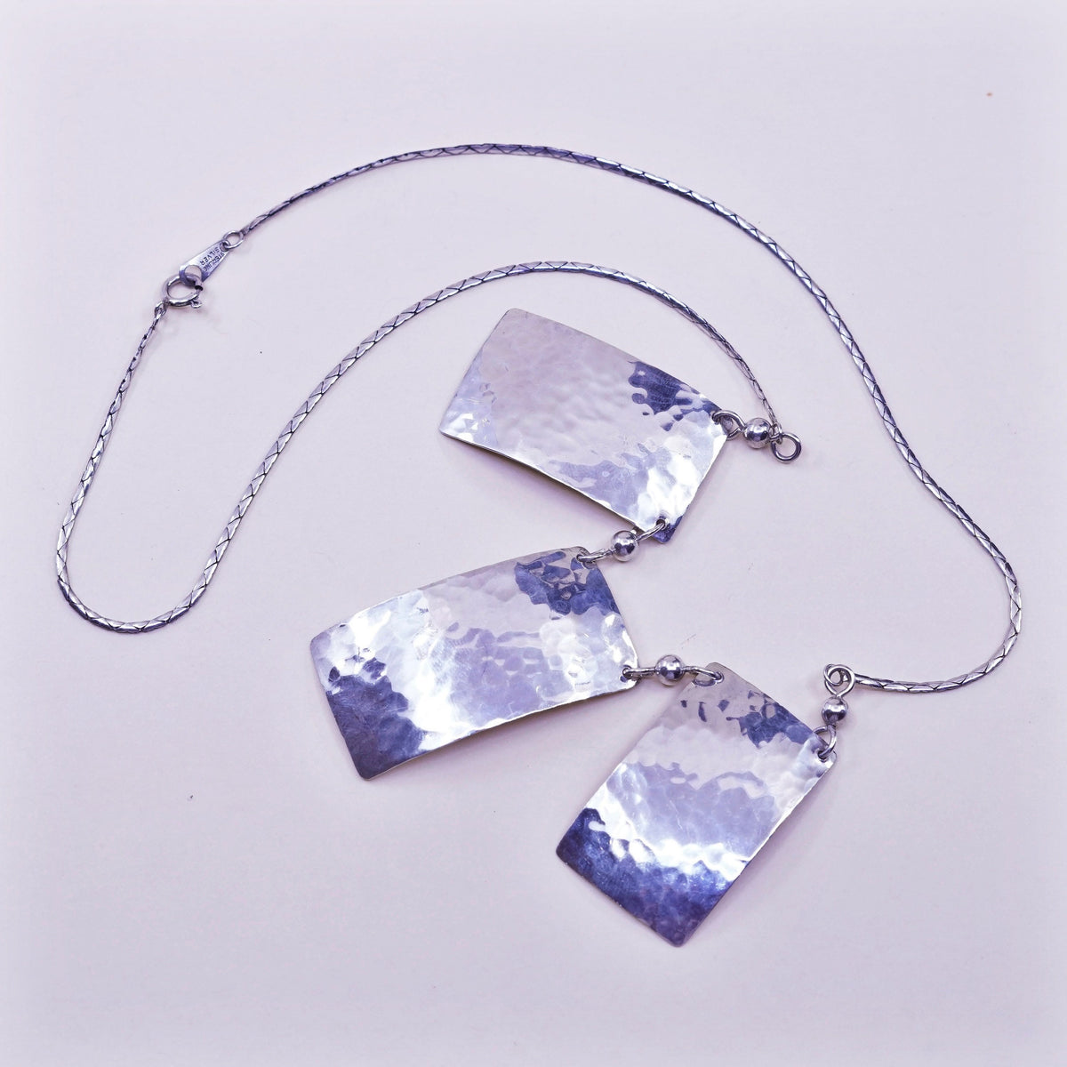 18”, Sterling silver necklace, 925 snake chain hammered rectangular pendant