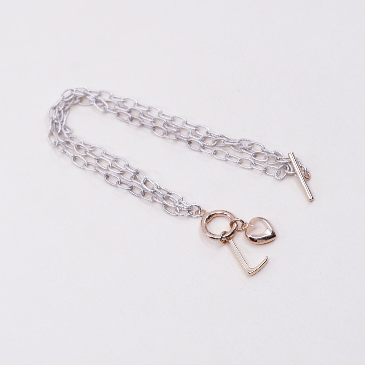 7”, sterling silver circle bracelet, 925 oval chain w/ rose gold heart J charm