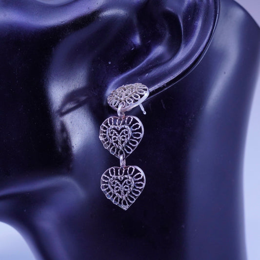Vintage Sterling 925 silver handmade filigree heart earrings