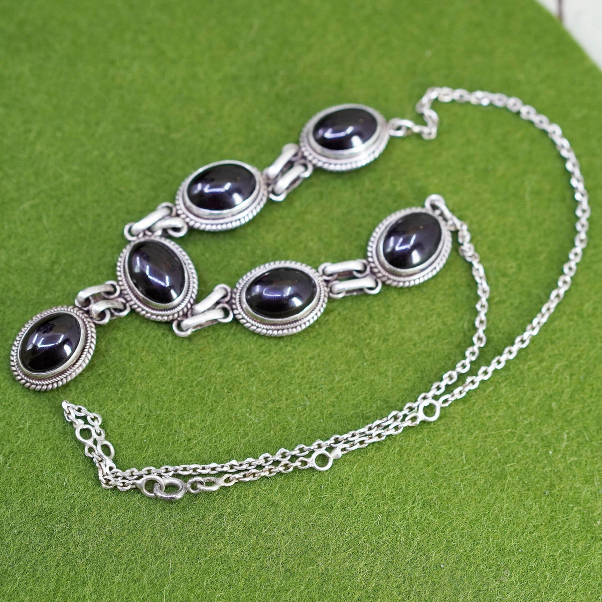 16+2”, vintage Sterling silver necklace, Italy 925 circle chain garnet pendant