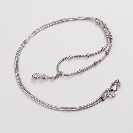 16", 1mm, vtg Sterling silver necklace, Italy 925 snake chain w/ Cz pendant