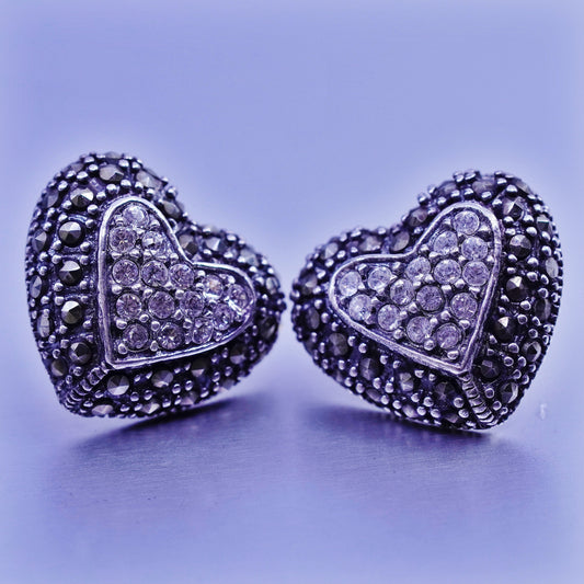 Vintage Sterling 925 silver handmade earrings, heart studs with cz Marcasite