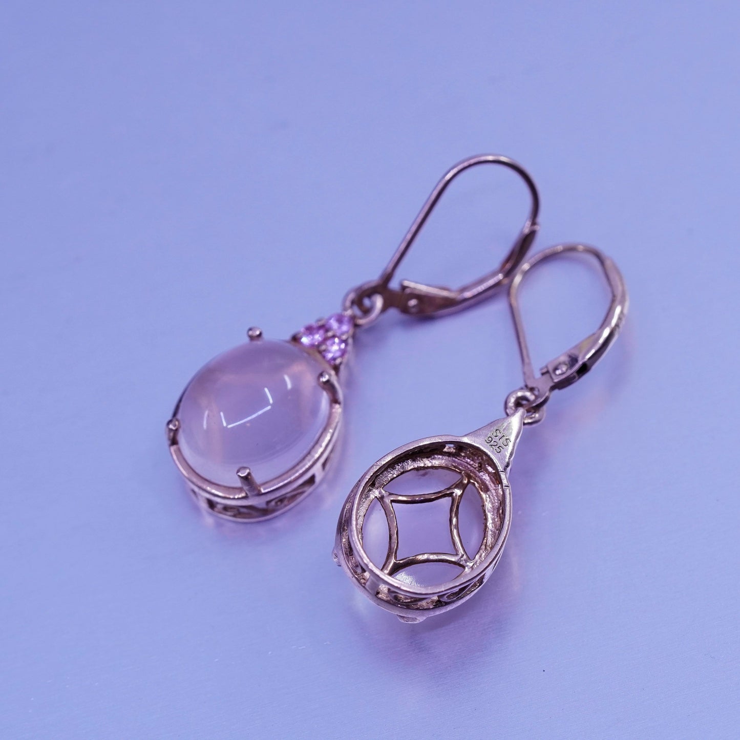 Vintage vermeil rose gold filled Sterling 925 silver earrings w/ pink cz quartz
