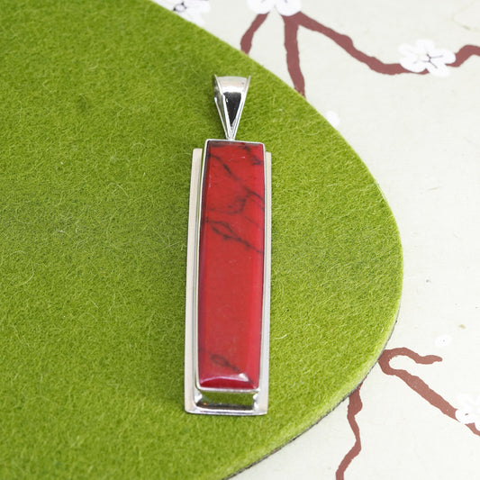 Vintage sterling 925 silver handmade long pendant with red jasper