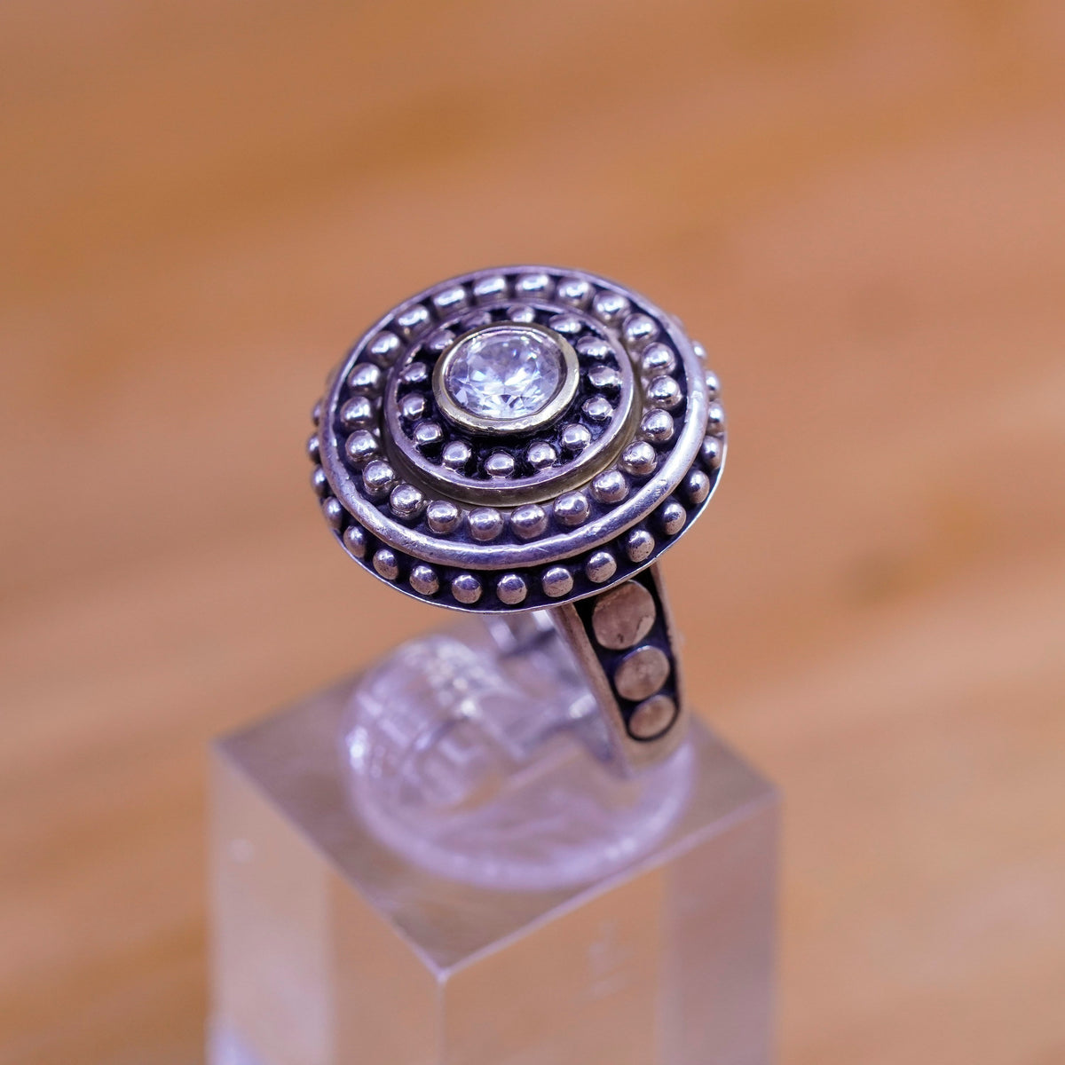 Size 5.75, vintage Kameleon sterling 925 silver handmade ring with cz and beads