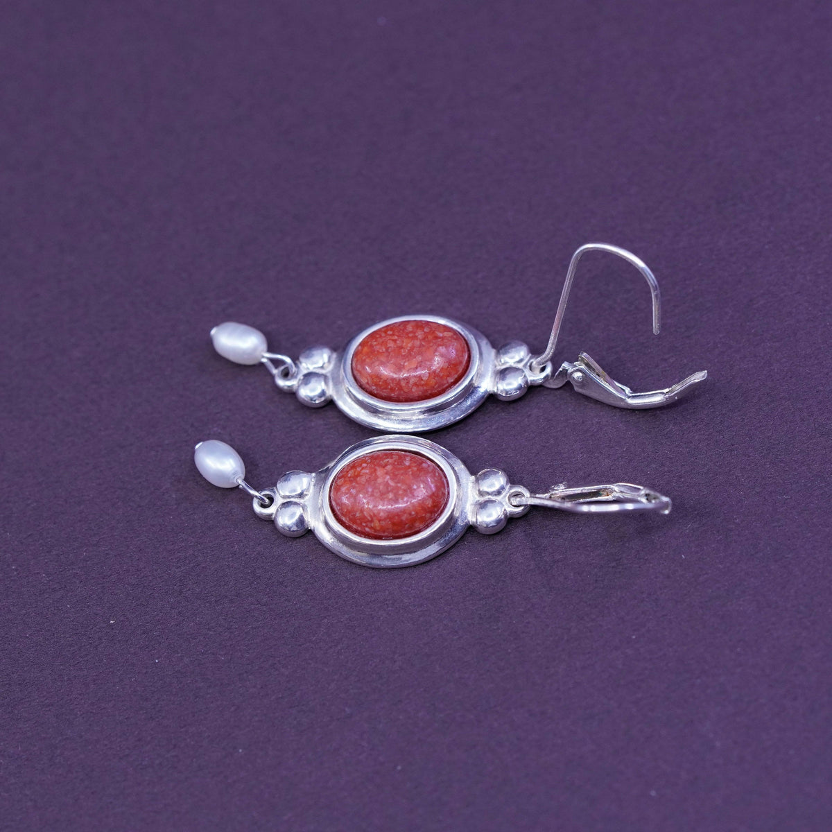 southwestern CCO Sterling 925 silver handmade earrings w/ oval coral and pearl