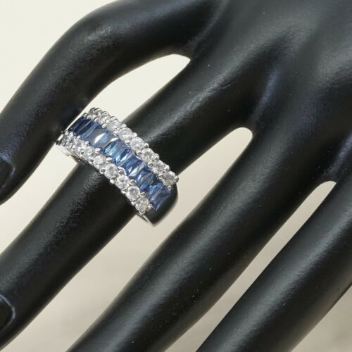 Sz 8, Vtg Sterling silver ring, 925 silver statement band w/ Blue N Clear Cz