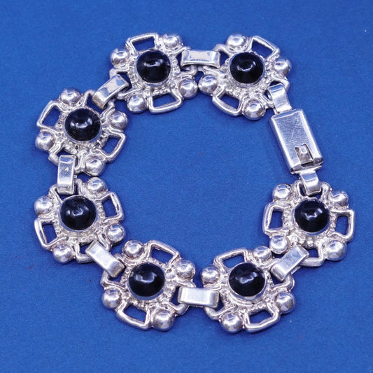 7.25", vtg Sterling silver handmade bracelet, 925 flower w/ onyx