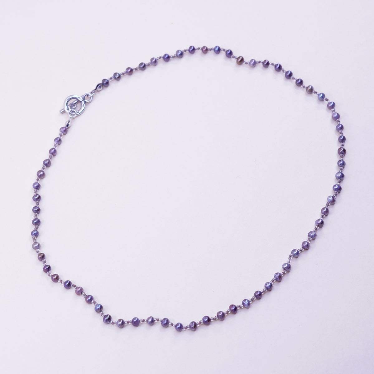 18”, Vintage handmade Sterling silver Circle chain with black pearl beads