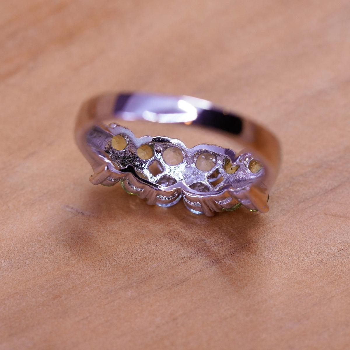 Size 8.25, vintage Sterling 925 silver handmade ring with peridot and topaz