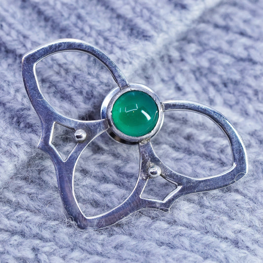 Vintage Sterling 925 silver handmade brooch pin with emerald