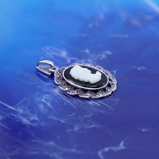 Vintage Sterling 925 silver handmade pendant w/ mother of pearl cameo Marcasite