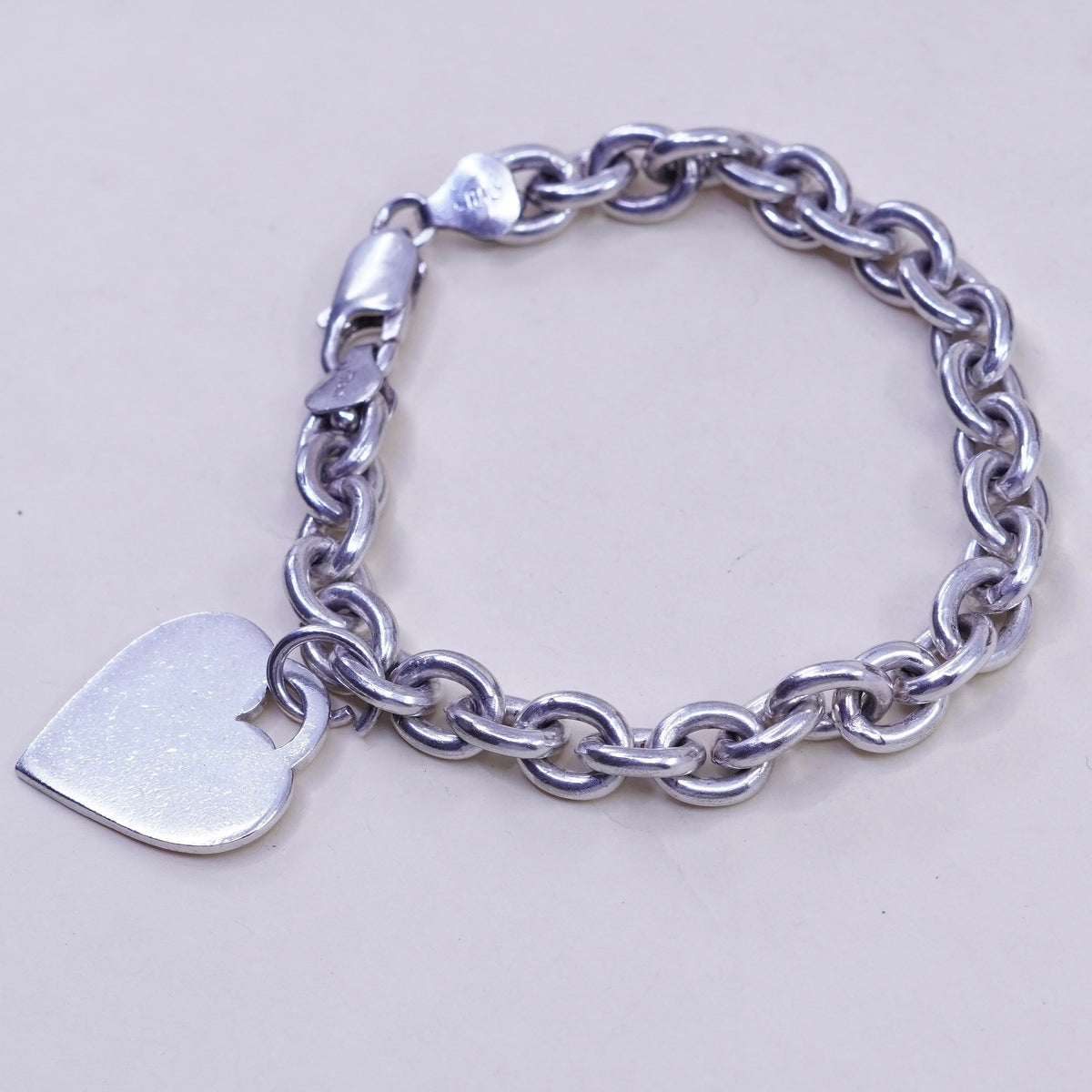 6.75”, Vintage sterling silver circle link bracelet, 925 chain with heart charm