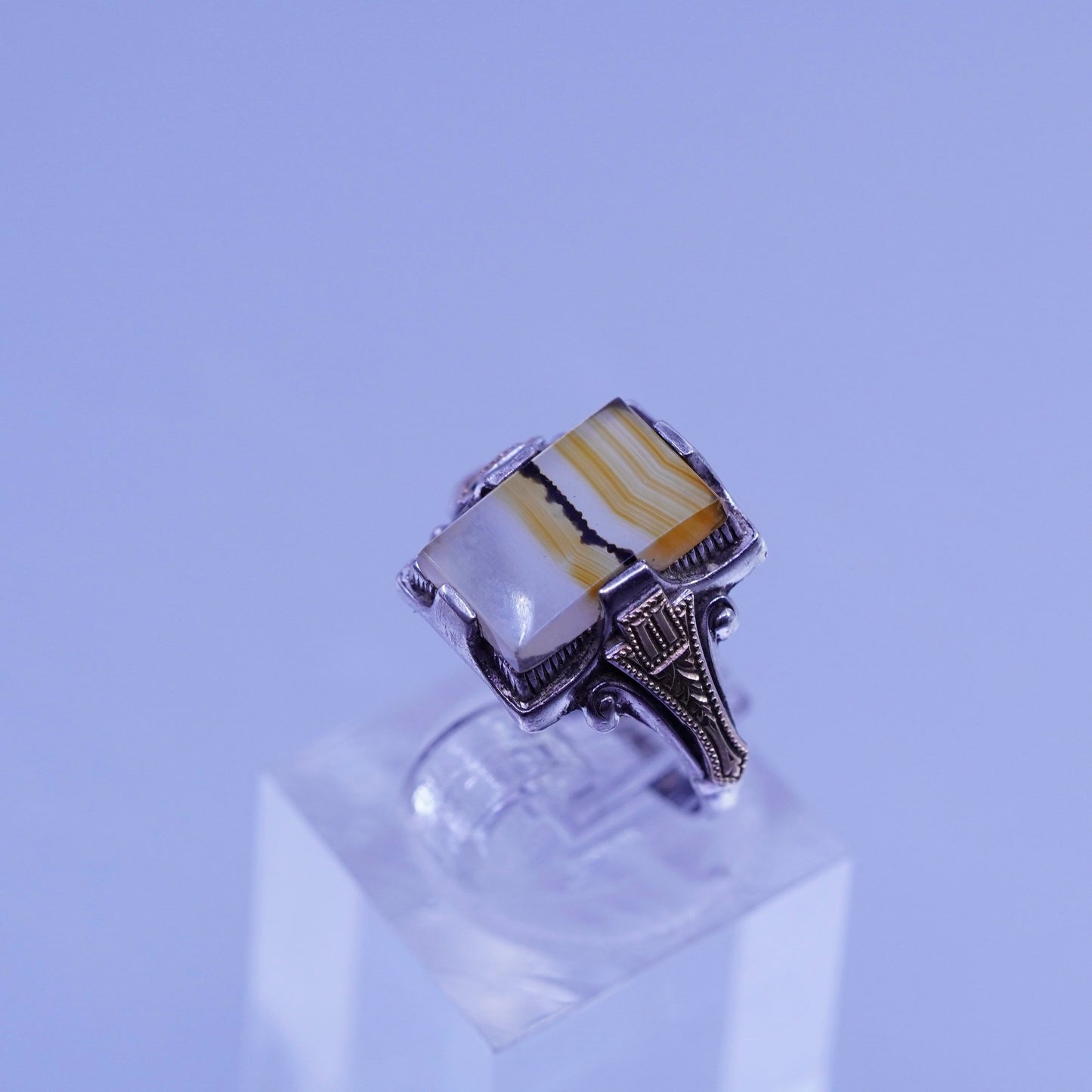 Size 6.25, vintage Sterling 925 silver handmade ring with landscape agate