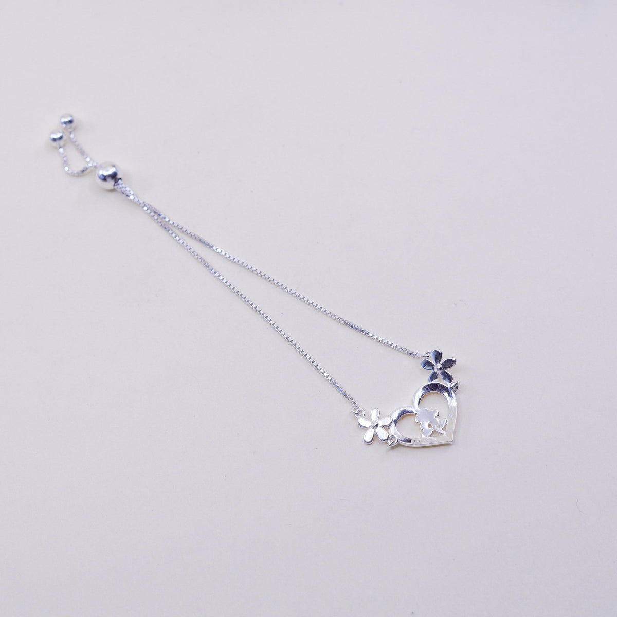 Size adjustable, sterling silver bracelet, fine 925 box chain w/ heart N flower