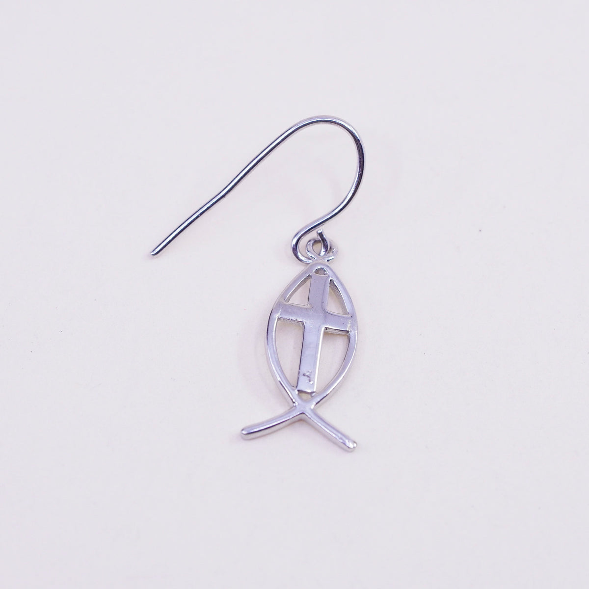 Vintage sterling silver handmade modern earrings, 925 fish with cross
