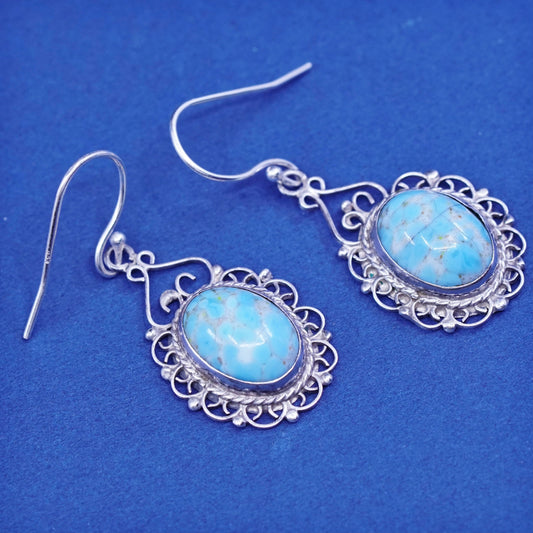 Vintage Sterling 925 silver handmade filigree earrings with oval turquoise