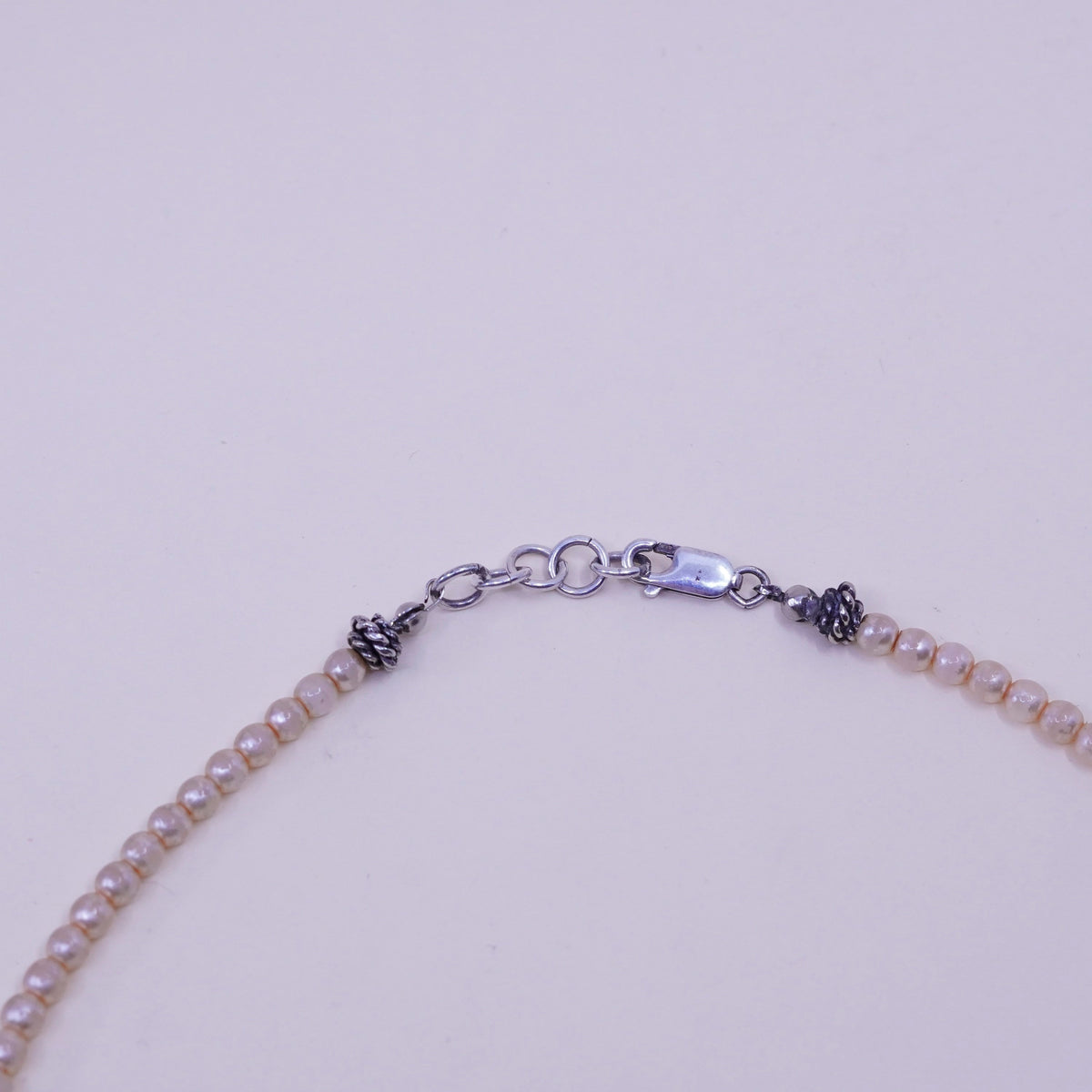 16”, Vintage faux pearl beads necklace chain with sterling 925 silver clasp