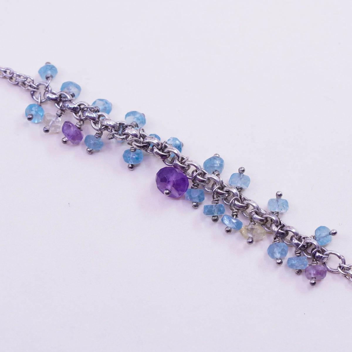 8” Vintage Sterling silver handmade bracelet, natural amethyst and topaz beads