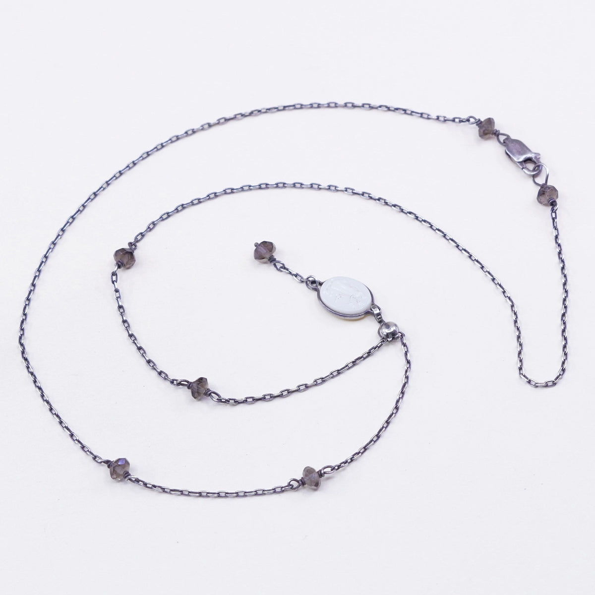 19”, handmade necklace, sterling silver 925 elongated chain girl relief Beads