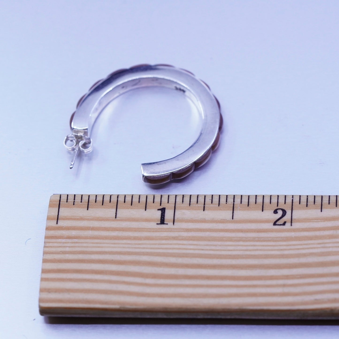 1.25”, vintage Sterling silver handmade earrings, 925 Huggie hoops with abalone