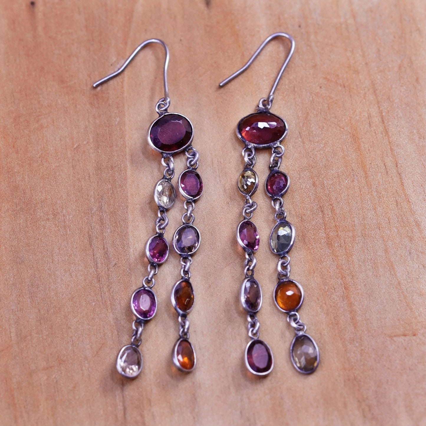 Vintage Sterling 925 silver handmade earrings w/ ruby citrine amethyst peridot