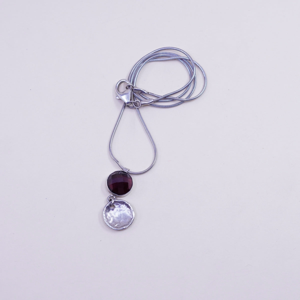 16” silpada 925 Sterling Silver snake Chain Necklace circle disc garnet Pendant