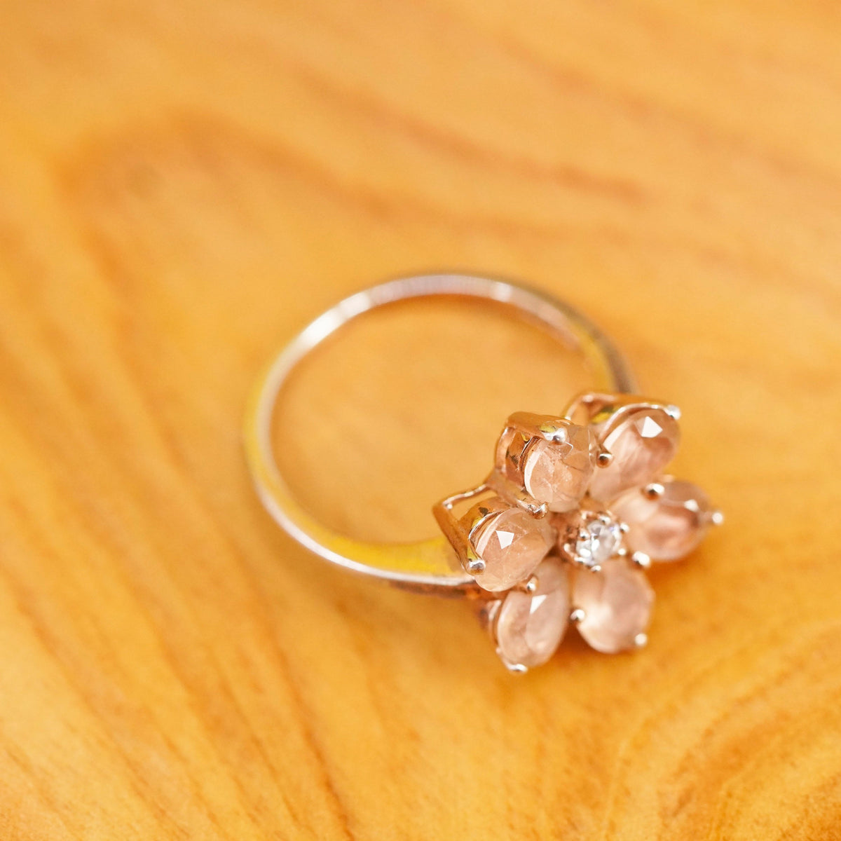 Size 6.75 vintage vermeil gold over Sterling 925 silver flower ring pink quartz