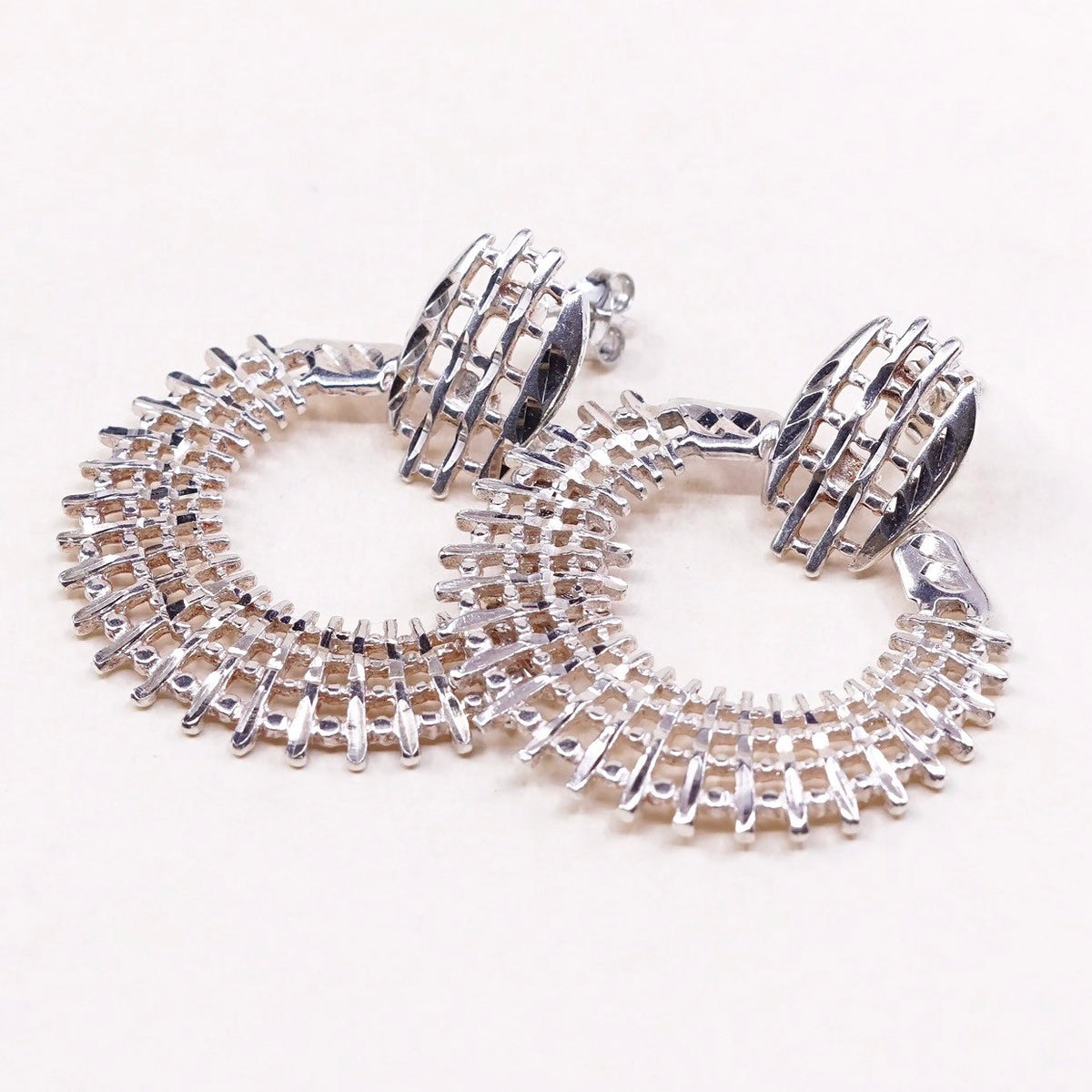 sterling 925 silver handmade earrings big circles dangle, stamped 925 NF
