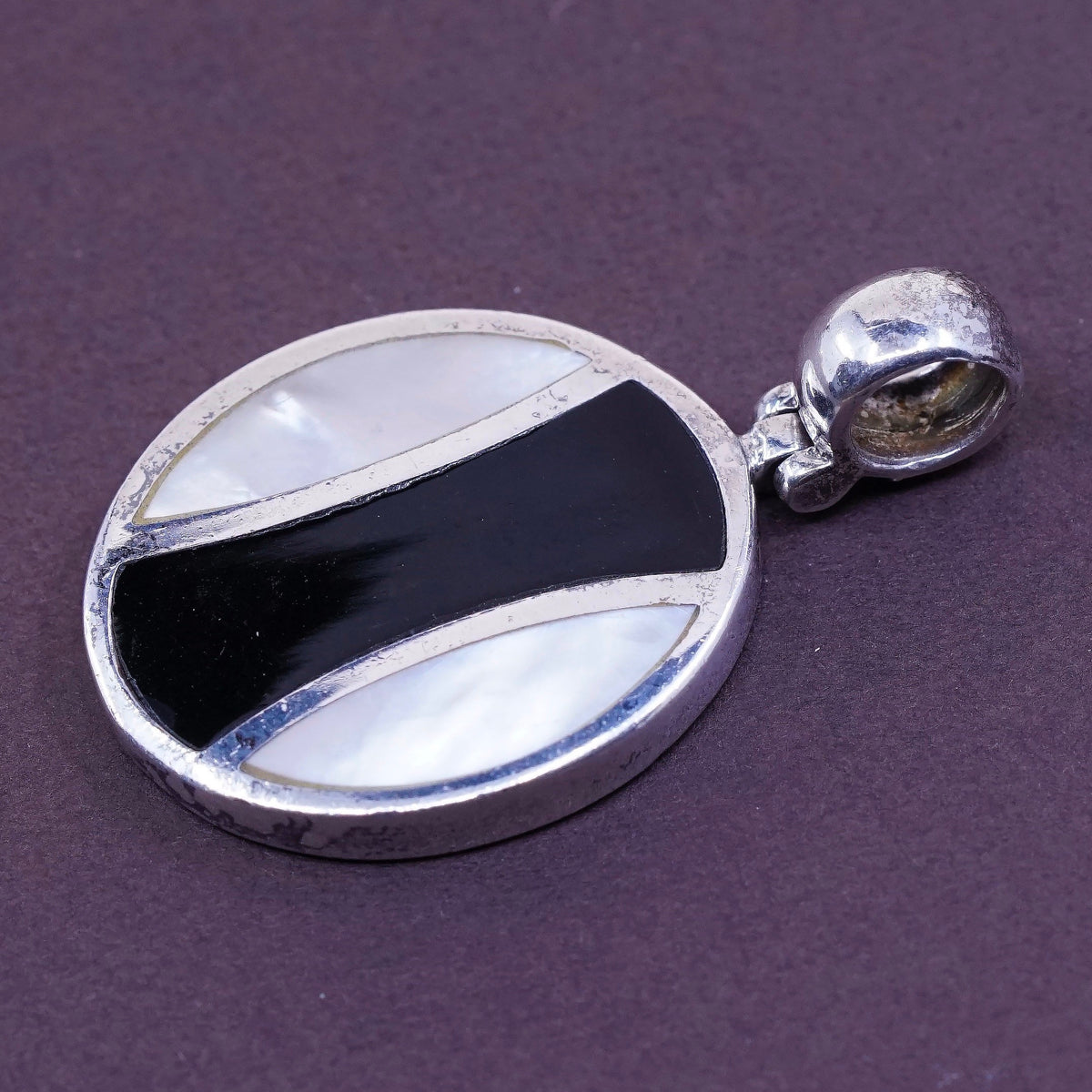 vtg Sterling 925 silver pendant with obsidian and mother of pearl