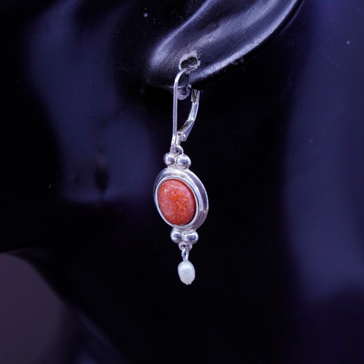 southwestern CCO Sterling 925 silver handmade earrings w/ oval coral and pearl
