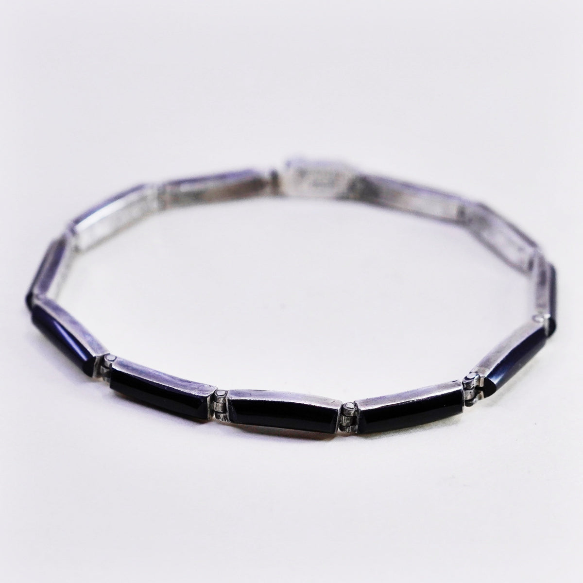 6.75”, Vintage mexico escocia Sterling 950 silver handmade bar bracelet onyx