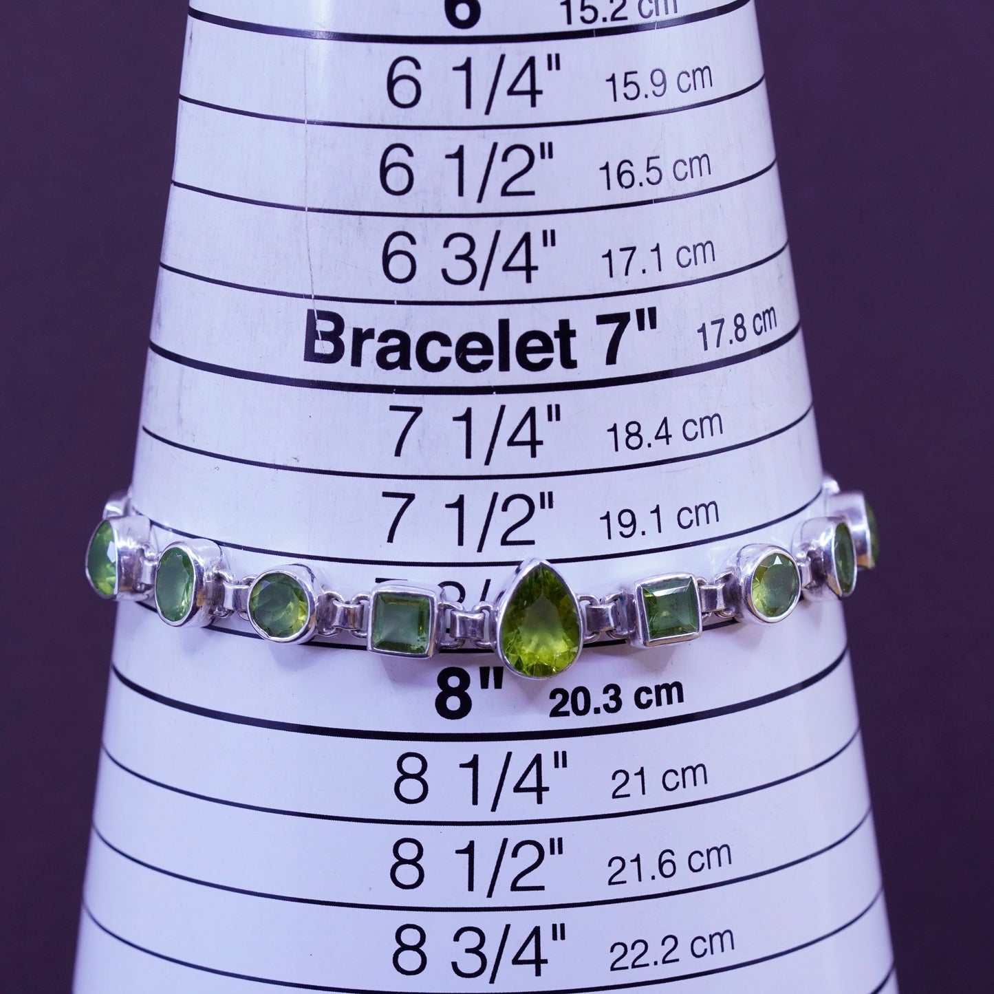 7+1”, vintage Sterling silver handmade bracelet, 925 chain with peridot