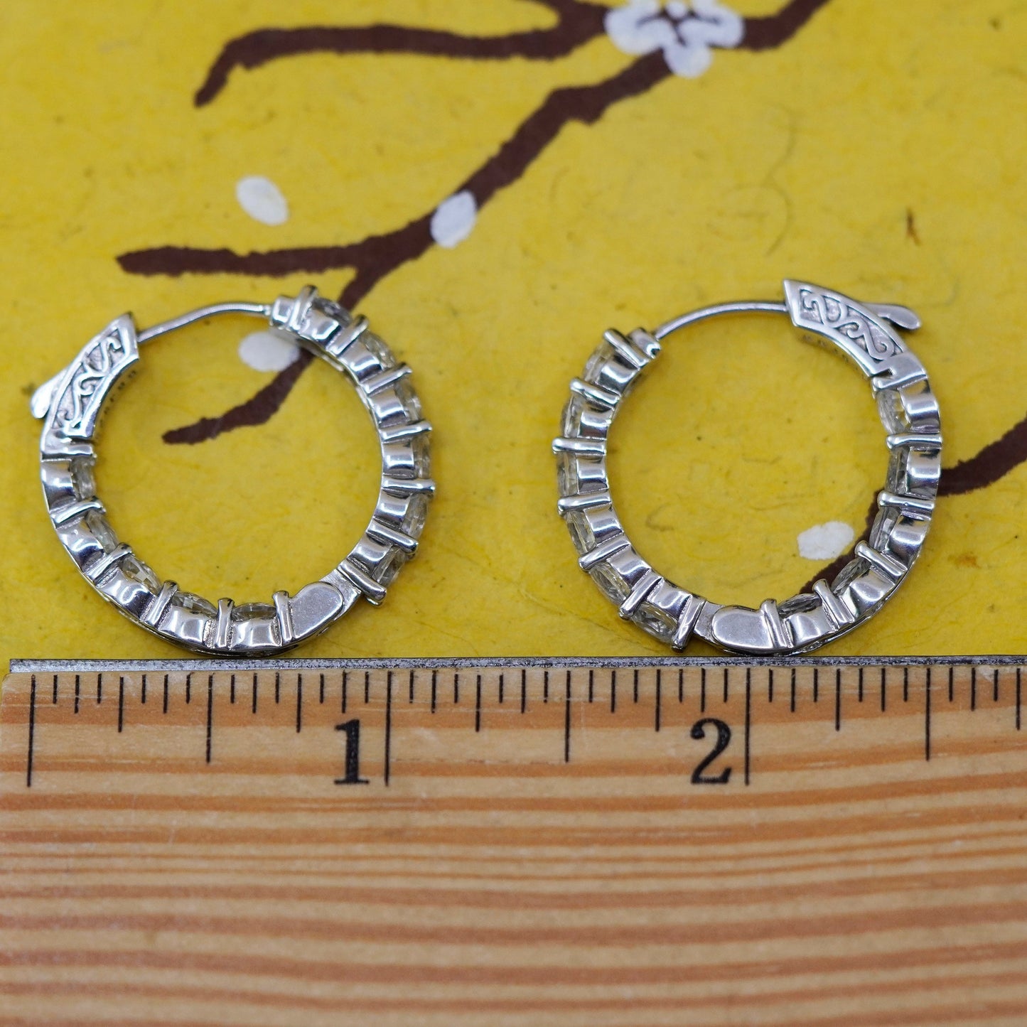 1”, vintage BBJ Sterling silver handmade earrings, 925 huggie hoops cluster cz