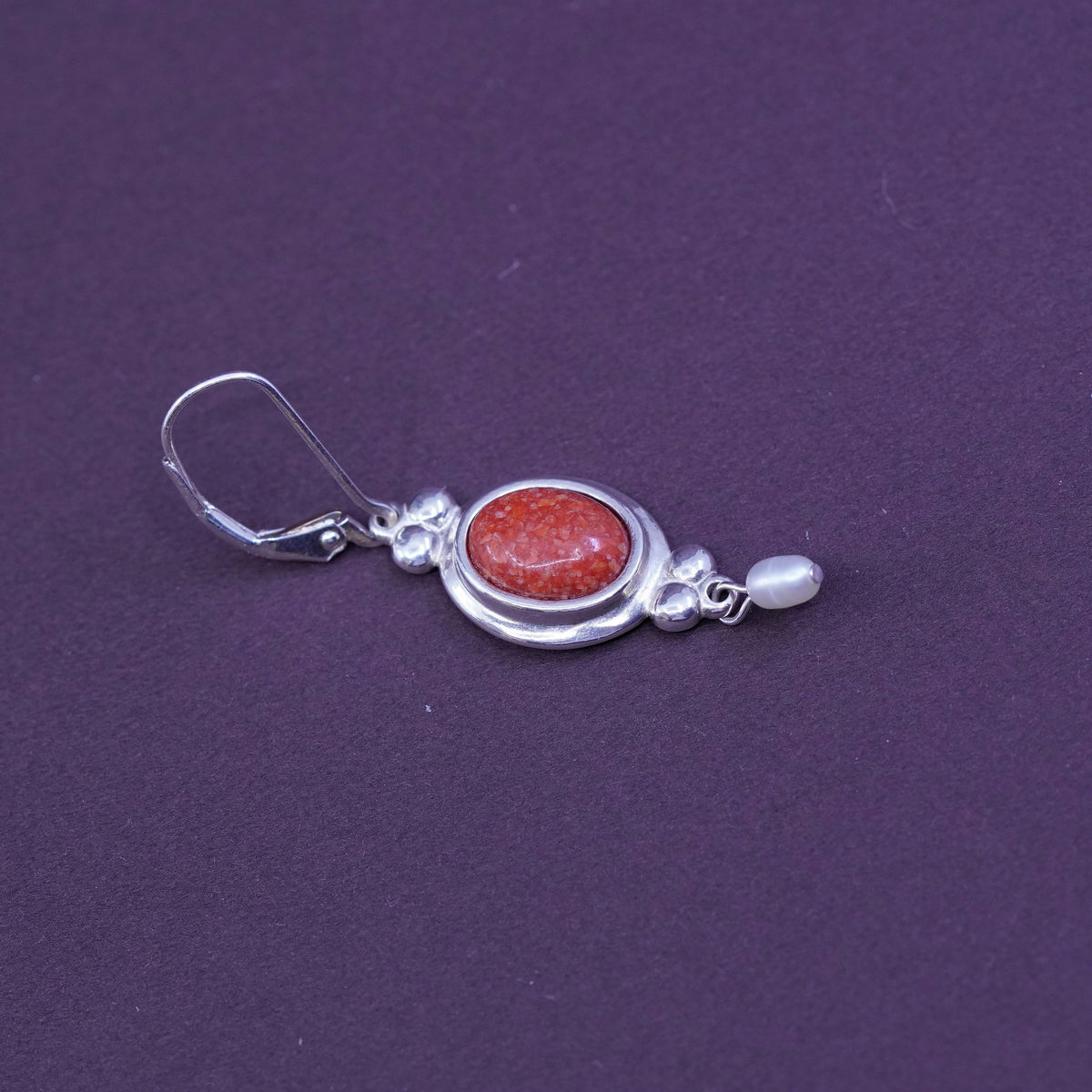 southwestern CCO Sterling 925 silver handmade earrings w/ oval coral and pearl