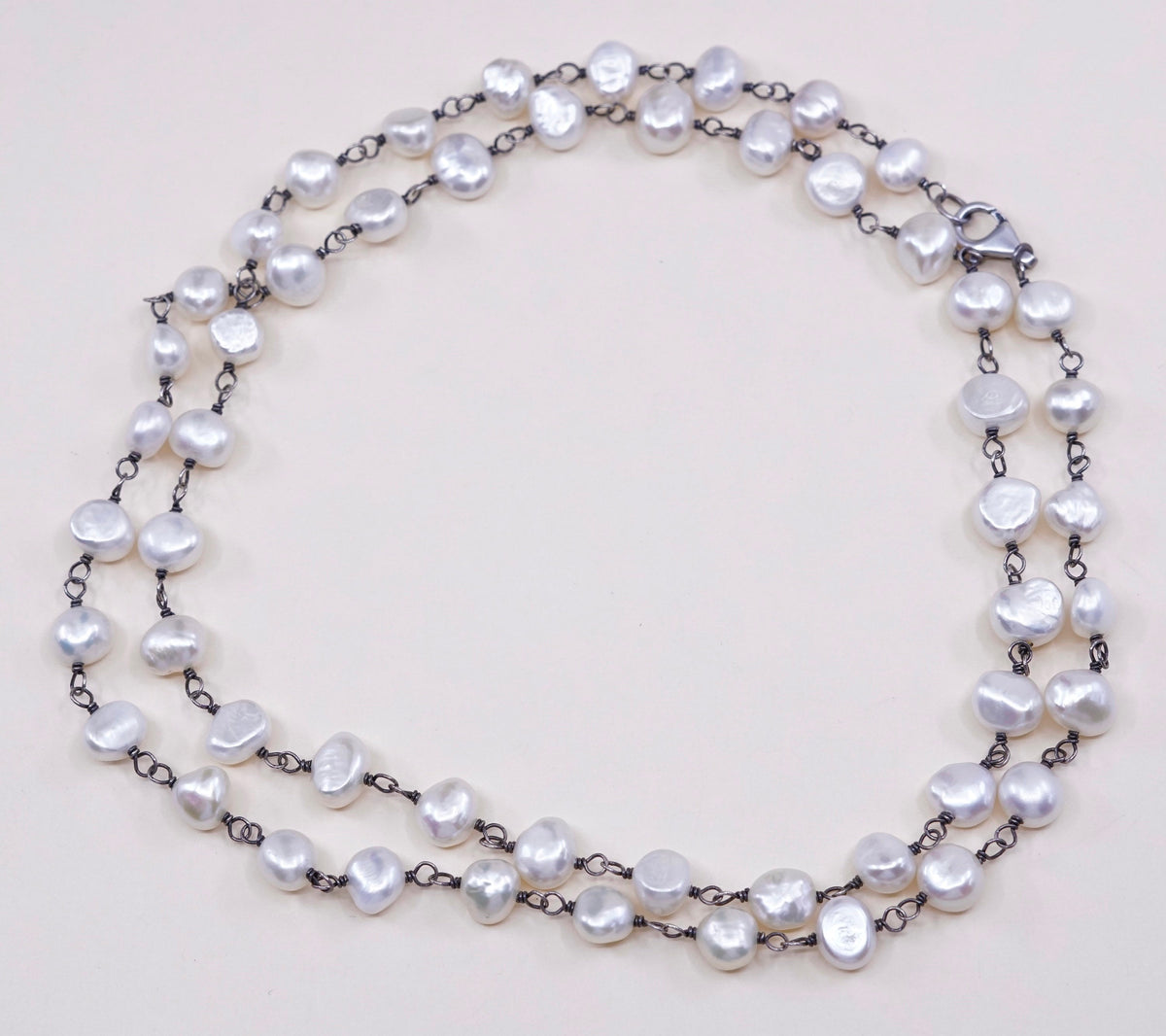 30”, Vintage handmade Sterling silver necklace with pearl beads details