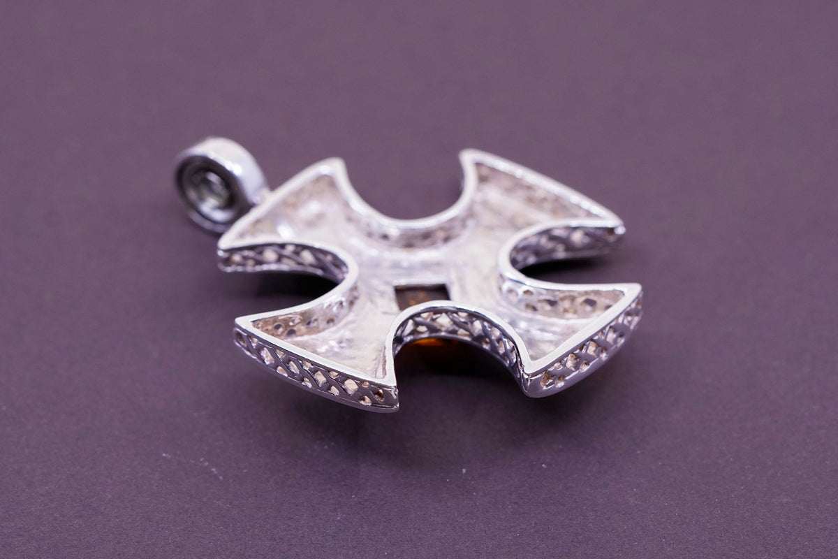 vtg ESPO Sterling silver pendant, 925 Jerusalem cross with filigree and amber