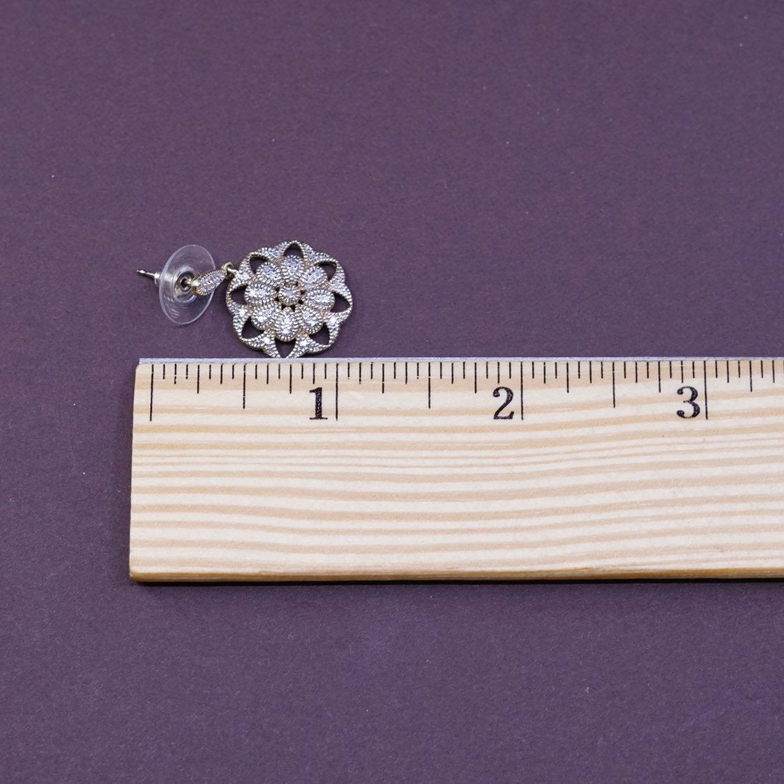 VTG vermeil gold over Sterling silver earrings, 925 flower with Diamond