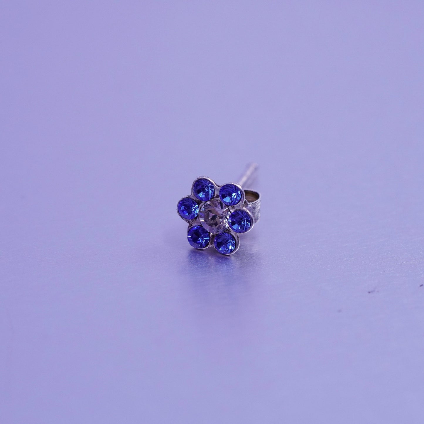 Vintage Sterling 925 silver earrings, flower studs with blue cz inlay