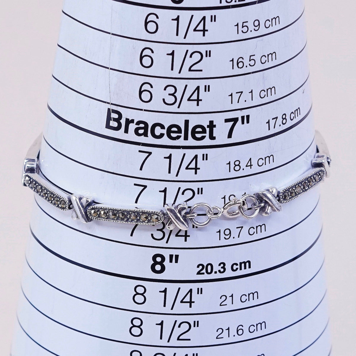 7.5”, VTG sterling silver handmade tennis bracelet, fine 925 w/ marcasite