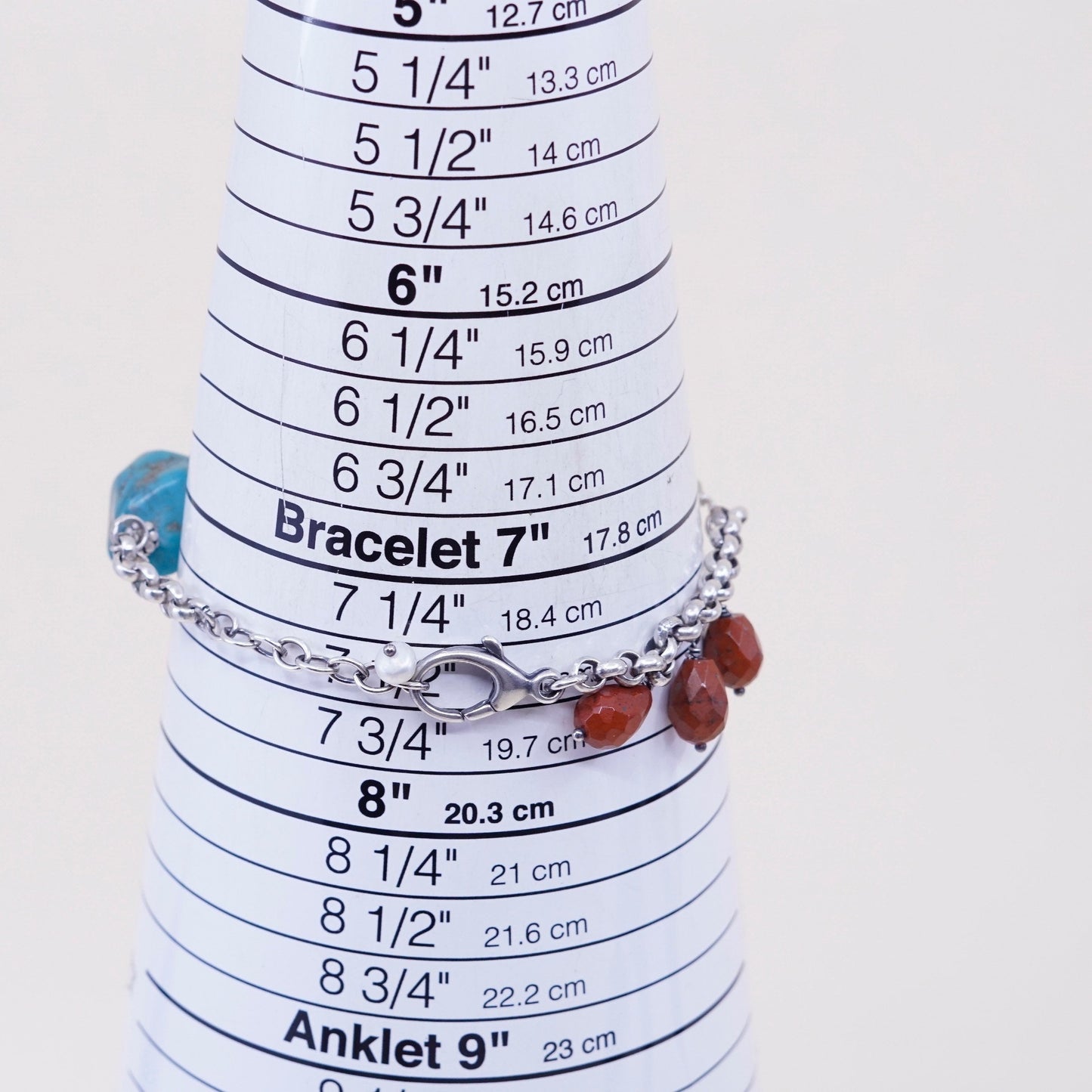 7.5”, Sterling 925 silver circle chain bracelet w/ turquoise carnelian N pearl