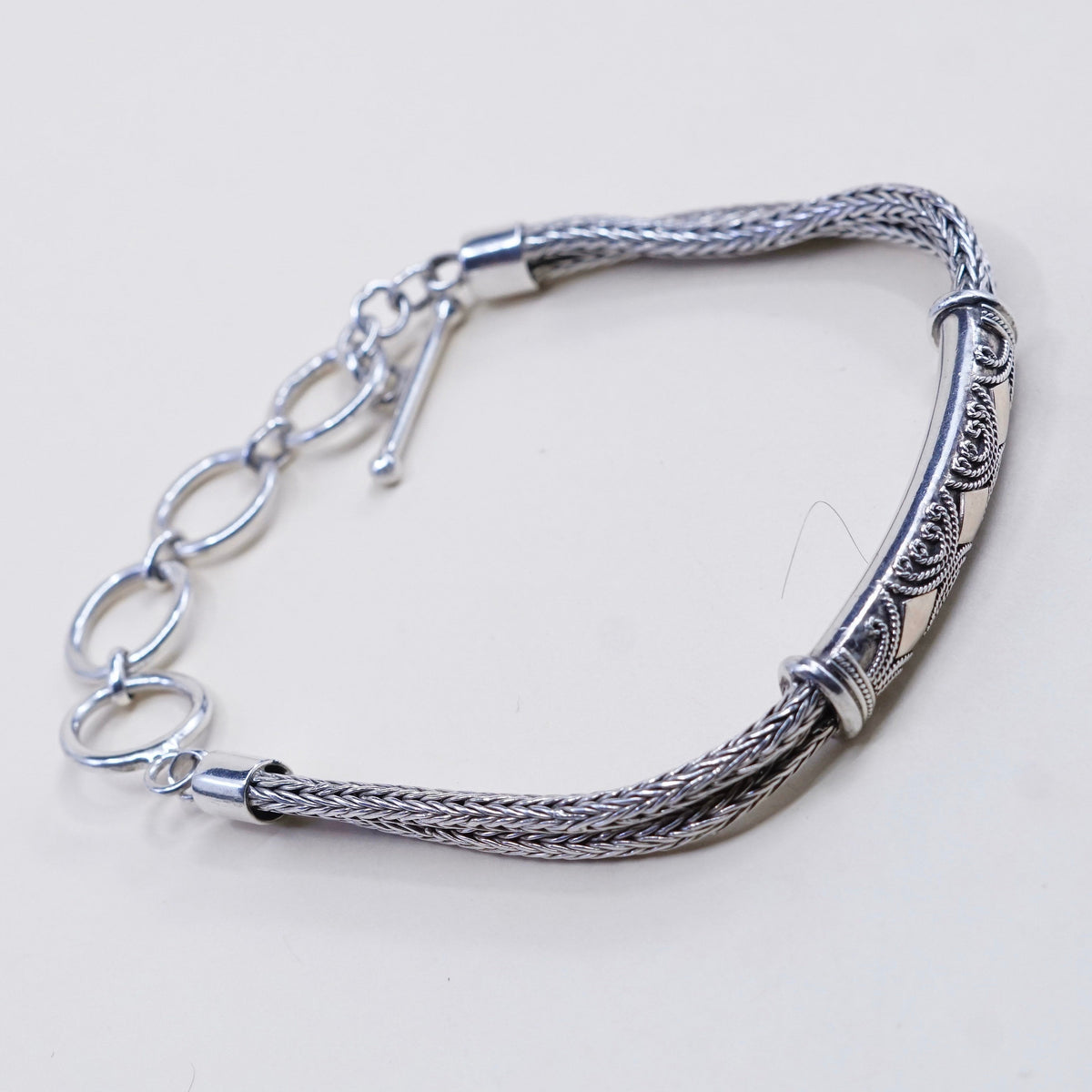 6.5”+1”, 14K gold accent w/ sterling silver bracelet, double strands 925 wheat