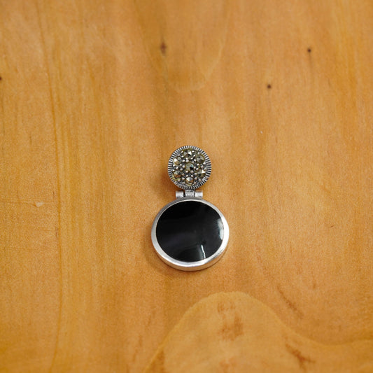 Vintage Sterling 925 silver handmade sided pendant w/ round obsidian marcasite