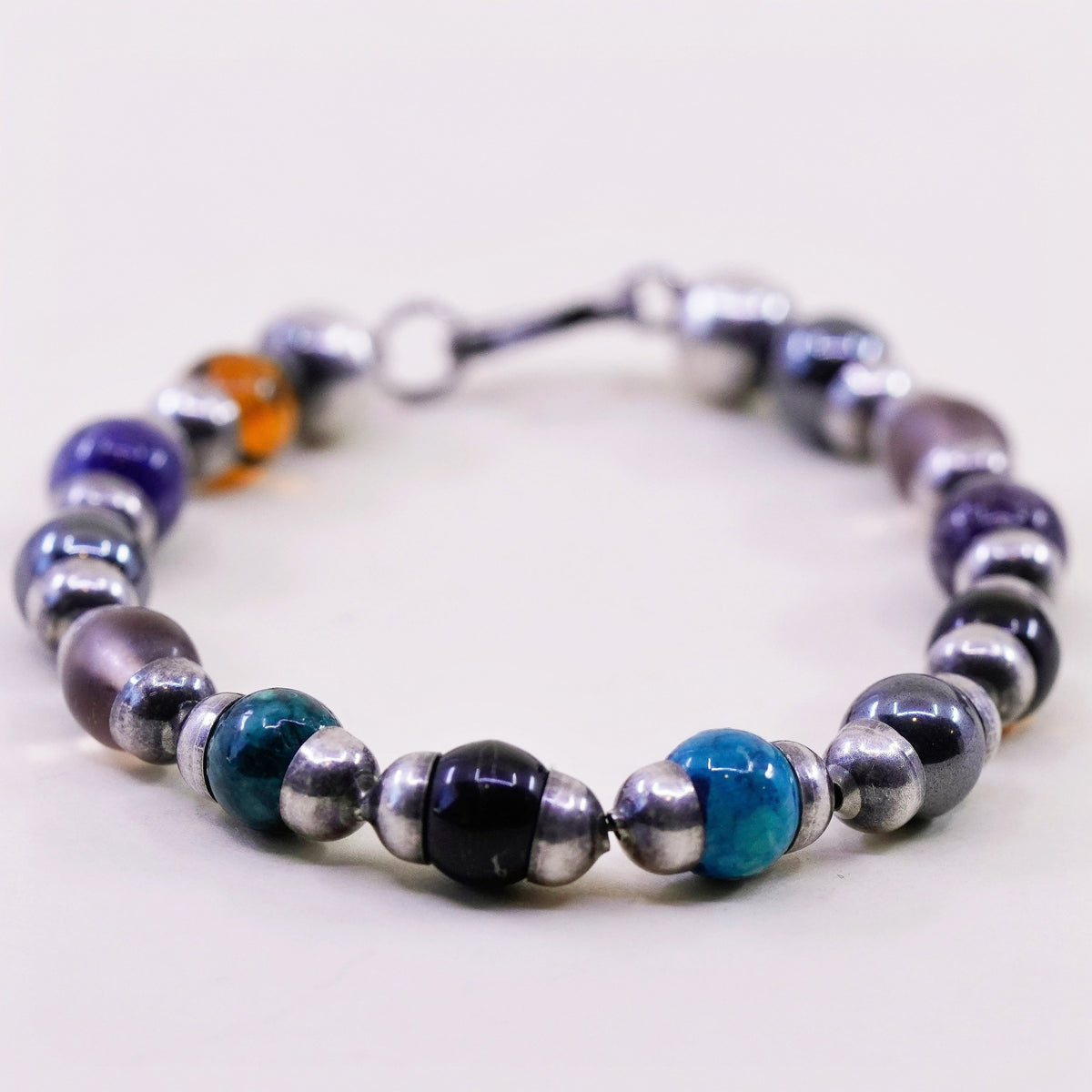 6.75”, Mexico Sterling 925 silver bracelet onyx sodalite jasper hematite amber