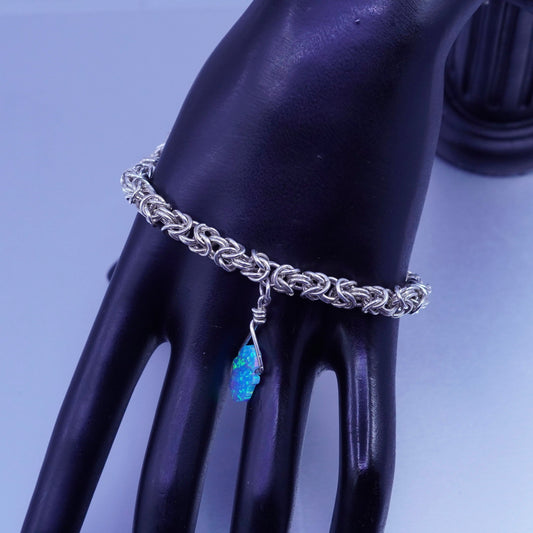 7.75”, Sterling silver bracelet 925 Byzantine birdcage chain opal hand charm